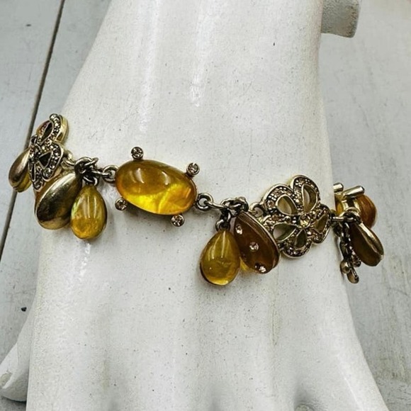 Monet Signed Yellow Cabochons & Antiqued Gold Tone Dangle Pave Toggle Bracelet - Picture 9 of 15